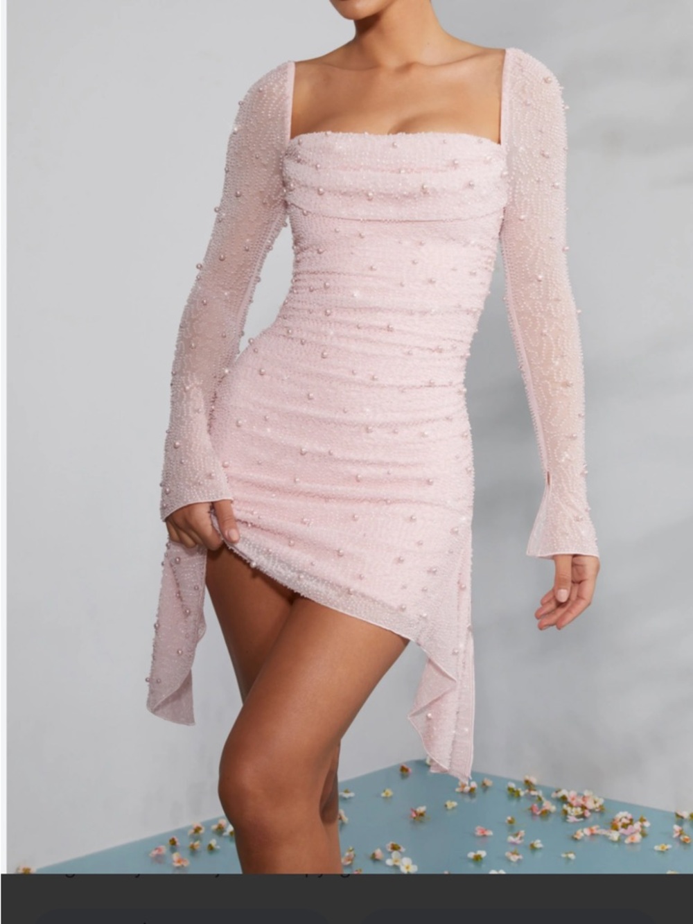 Oh Polly Pale Pink Beaded Asymmetrical Mini Dress
